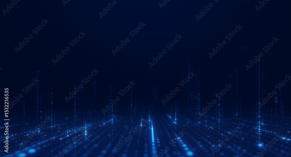 Poster digital flow: abstract digital landscape with glowing blue lines and particles, creating a sense of 