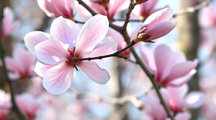Obraz premium Blooming magnolia flowers showcase beauty in springtime sunlight at a park Generative AI
