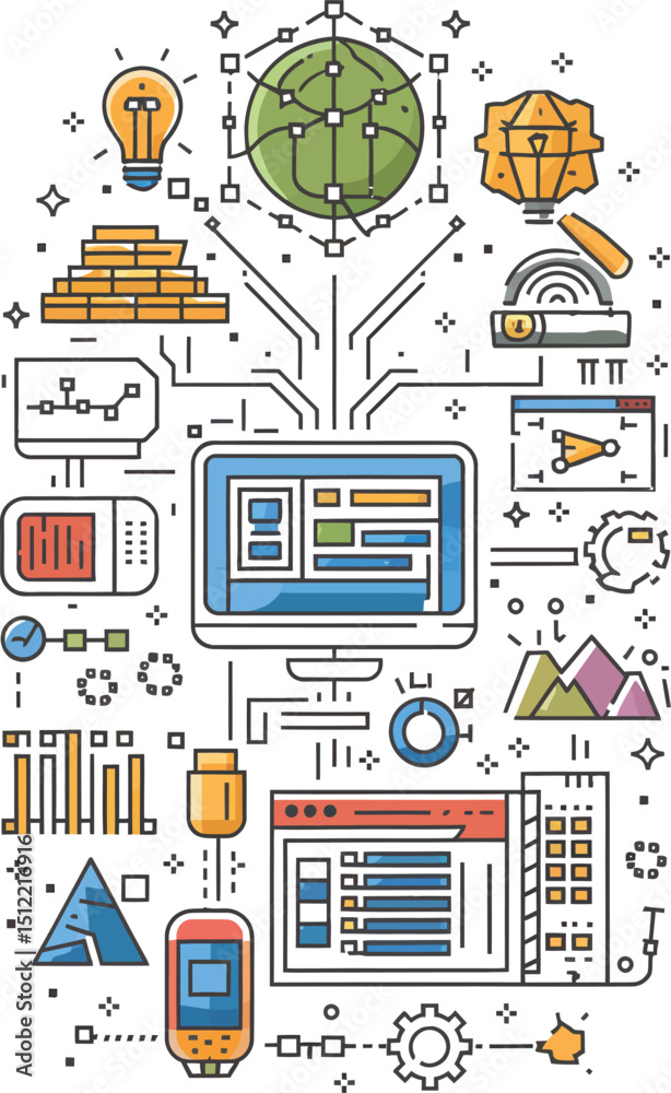 Poster illustration of computer screen with various icons and symbols representing technology and data anal
