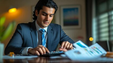 Focused businessman analyzing financial charts and calculating data at his office desk - Powered by Adobe