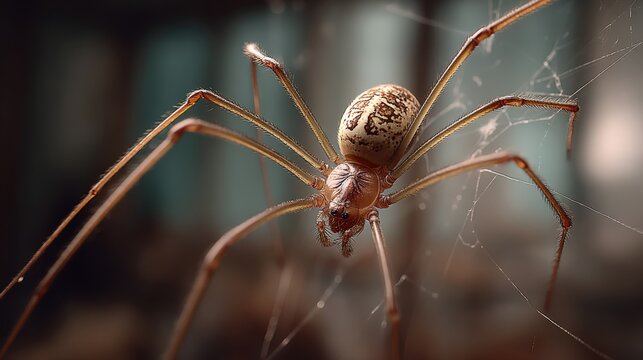 Detailed view of a Cellar Spider in its web amidst a shadowy room environment