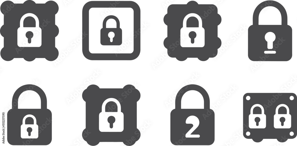 Poster a collection of eight different lock icons in various shapes and styles displayed on a white backgro