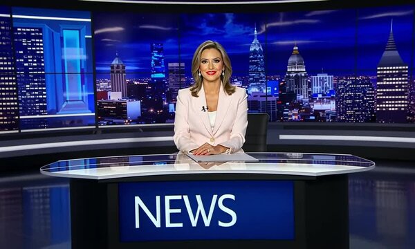 Female News Anchor in Professional TV Studio Behind Desk with Lights and Teleprompter, Polished and Confident Appearance


