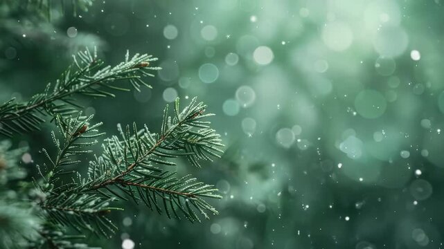 An up-close image showcases frost-tipped pine needles against a blurred, dreamy evergreen forest background, creating a winter scene with delicate snow and a tranquil ambiance.