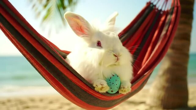 Adorable white easter bunny relaxing in hammock with an easter egg on a sunny beach