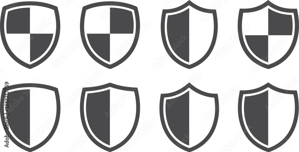 Poster collection of eight shield icons displayed in a grid pattern on a white background vector image