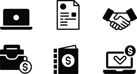 Fototapeta premium A set of six black and white business icons depicting a laptop, document, handshake, and money symbols
