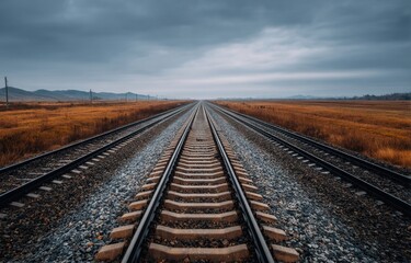 This captivating image showcases a railway stretching infinitely into the distant landscape.