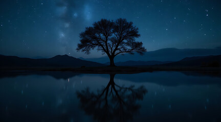 Majestic silhouette of a lone tree against a starry night sky reflected in still water Generative AI