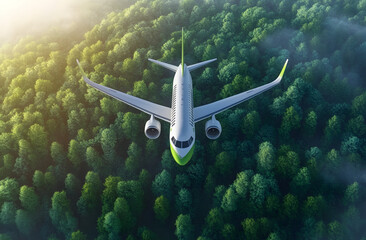 Eco-friendly plane flies above green trees. Sustainable travel concept. Clean energy aviation in nature. Future eco-friendly transportation. Airliner in sky. Natural scenery. Modern clean air