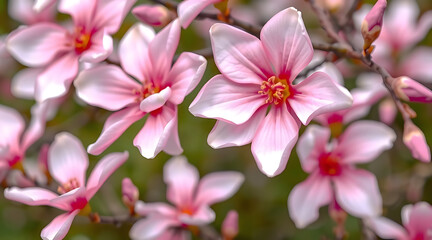 Delicate pink flowers blooming in springtime garden under gentle sunlight Generative AI