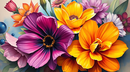 Colorful arrangement of diverse flowers in a vibrant and artistic display during midday light Generative AI