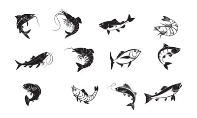 Fototapeta premium Different types of fish vector silhouette designs, white background.