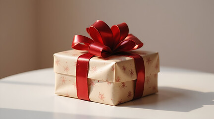 Beautifully wrapped gift box with a red ribbon in soft morning light Generative AI