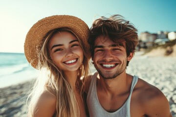 Obraz premium Happy Couple Smiling Together at Sunny Beach