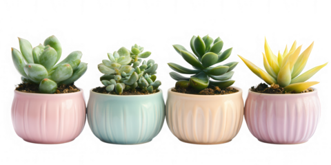 Four Potted Succulents in Pastel Pots on Transparent Background for Easy Design Integration