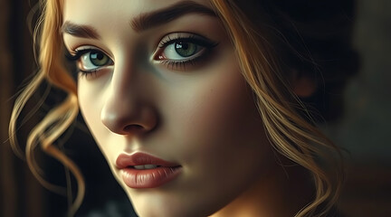 Portrait of a young woman with captivating eyes and soft waves in her hair during a cozy indoor setting Generative AI