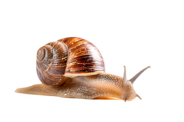 Colorful garden snail crawling on smooth surface, showcasing its spiral shell, highlights nature's delicate beauty. Isolated on white background or PNG