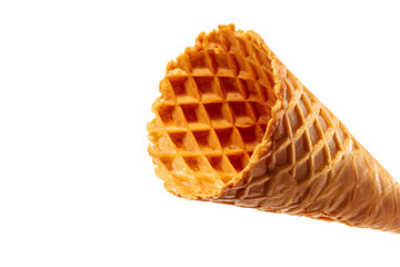Empty ice cream cone, crispy golden texture, perfect for branding or promotional use, enhances dessert visuals with copy-space. Isolated on white background or PNG