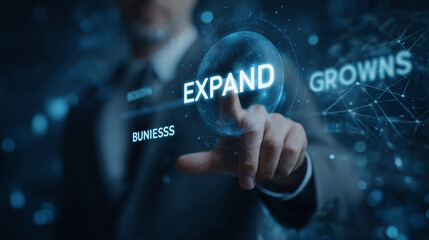 Close-up of hand interacting with holographic globe displaying "Expand" and "Grows", symbolizing business growth and expansion, ideal for corporate presentations or marketing