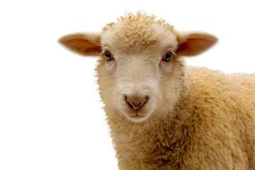 Young fluffy lamb looking curiously at the viewer, soft wool texture, embodying innocence and pastoral charm, with space for text. Isolated on white background or PNG