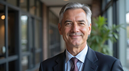 Business executive smiling confidently in modern corporate environment during daytime Generative AI