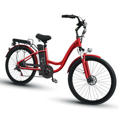 Modern red electric city bicycle with battery and front suspension isolated on white