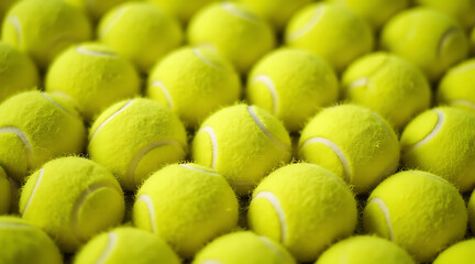 Bright yellow tennis balls arranged neatly for a sporting event or practice session indoors Generative AI