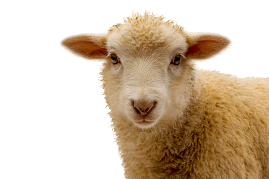 Young fluffy lamb looking curiously at the viewer, soft wool texture, embodying innocence and pastoral charm, with space for text. Isolated on white background or PNG