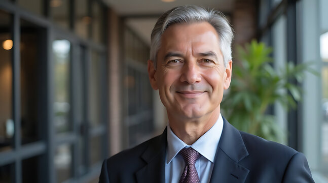 Business executive smiling confidently in modern corporate environment during daytime Generative AI