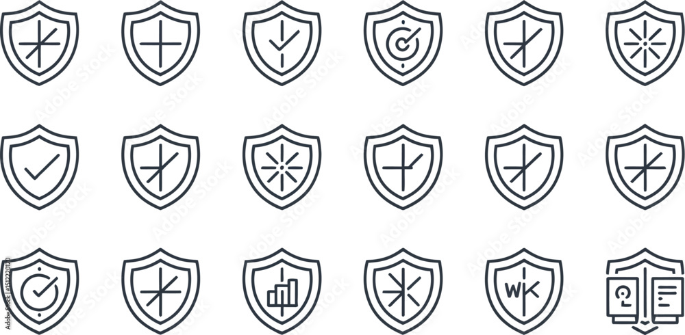 Poster a set of shield icons displaying various symbols and designs arranged in a grid pattern on white bac