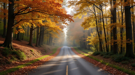 Beautiful autumn road surrounded by vibrant trees showcasing fall colors during a sunny day Generative AI