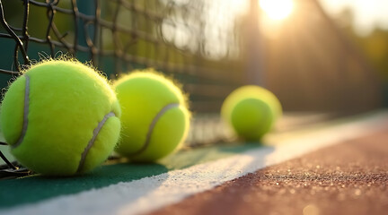 Tennis balls resting against a fence in the evening sunlight on a court Generative AI