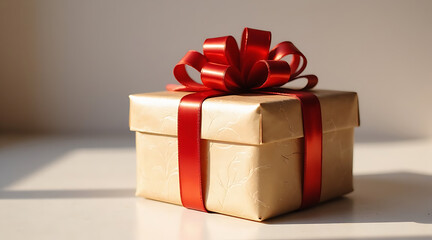 Beautifully wrapped gift box with red ribbon in warm sunlight against a neutral background Generative AI
