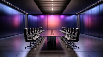 A sleek, modern conference room featuring an elegant table and luxurious chairs, illuminated by vibrant lighting for a dynamic and professional atmosphere, perfect for meetings and presentations.
