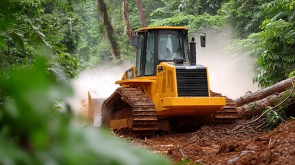 Bulldozer Clearing Large Trees in Lush Rainforest Creating Dust and Debris