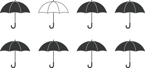 Obraz premium Eight umbrellas arranged in two rows with seven in black and one in white on a white background