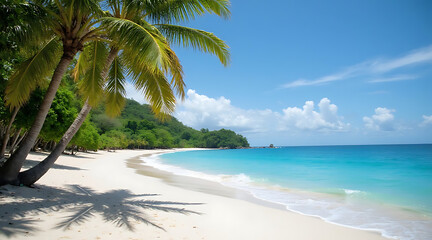 Tranquil beach with palm trees and clear blue waters under a sunny sky in a tropical paradise Generative AI