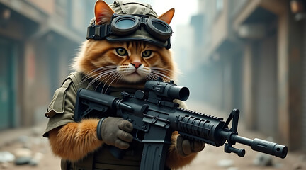 Military cat in a tactical outfit holds a rifle in an urban setting during daylight Generative AI