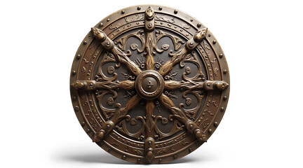 Decorative shield displayed with intricate designs and detailed craftsmanship from an unknown historical period Generative AI