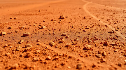 Red desert terrain with pebbles scattered across the ground during bright daylight Generative AI