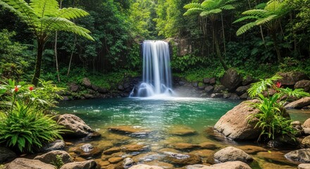 Waterfall Scenery with Emerald Water and Lush Vegetation