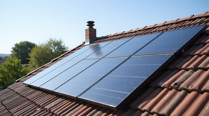 Solar panels installed on a residential roof under a clear blue sky in daylight Generative AI