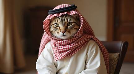 Cat dressed in traditional attire sitting indoors with a confident expression and striking gaze Generative AI
