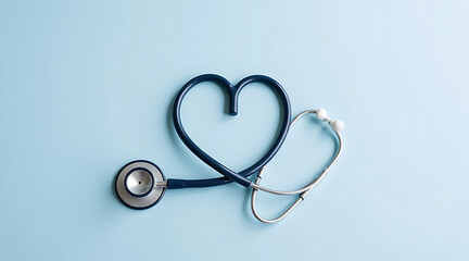 Stethoscope forming a heart shape on a light blue background symbolizes care and compassion in healthcare Generative AI