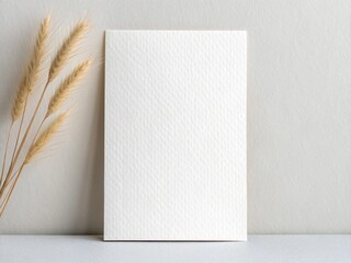 Textured Paper Card Mockup with Dried Wheat on Neutral Background