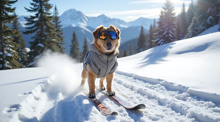 Dog skiing in snowy mountains with stylish goggles and jacket on a bright winter day Generative AI