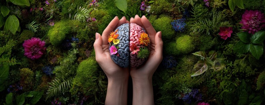 A captivating image showcasing a brain divided into two hemispheres, adorned with vibrant flowers, held gently against a lush, green background of flora and moss.