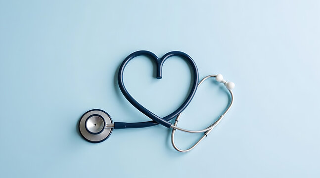 Stethoscope forming a heart shape on a light blue background symbolizes care and compassion in healthcare Generative AI