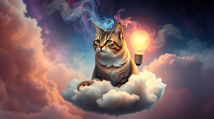 Creative cat sitting on fluffy cloud with glowing light bulb above in dreamy sky setting Generative AI